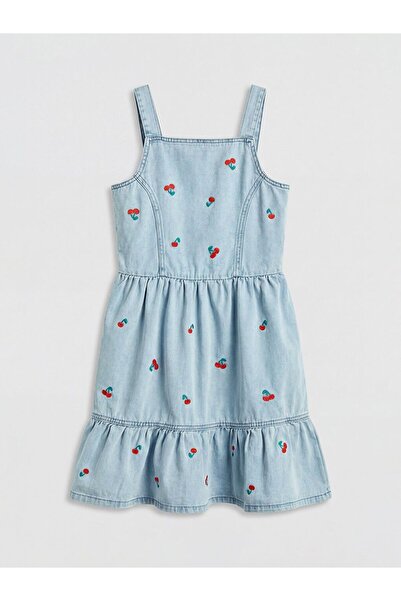 LC Waikiki Rochie din denim pentru fete, cu guler pătrat și broderie, LCW Kids