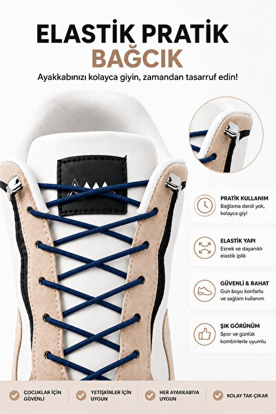 AiryFooT Yuvarlak Lastikli Klipsli Spor Ayakkabı Bağcığı 100 cm ( Lacivert ) ...