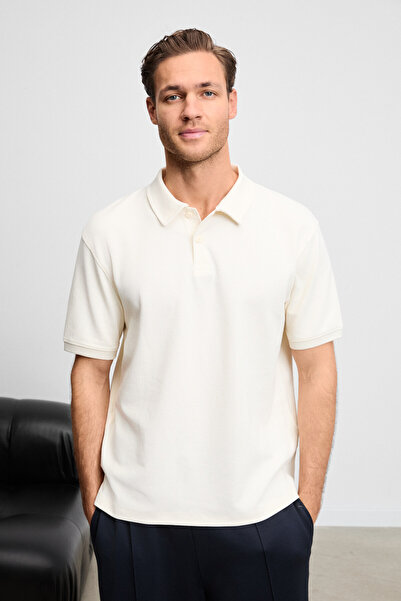 GRIMELANGE Minnutu Men's Organic Cotton Polo Collar Regular Fit Ecru T-Shirt