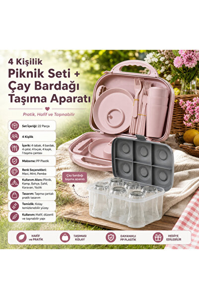biedda 22 Parça 4 Kişilik Piknik Seti Taşıma Çantalı Tabak Bardak Çatal Kaşık...