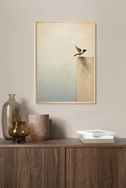 Muyika Design Duvar Tablosu Dekoratif Ahşap Çerçeveli Wabi-Sabi Stil Kuş Figü...