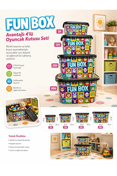 biedda 8’li Fun-Toy Box Oyuncak Kutusu Seti 50-25-12-5 LT Kapaklı Renkli Plastik Saklama Kutusu