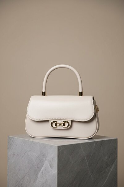 Sellini Gold Buckle Detailed Galvin Women's Crossbody Bag Cream