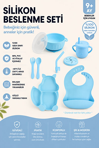 jojobebek Sincap Figürlü Mavi BPA Free Vakumlu Silikon Beslenme Seti (Kase Ka...