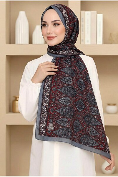 hadiora Women's Burgundy Gray Ethnic Patterned Bamboo Crush Shawl