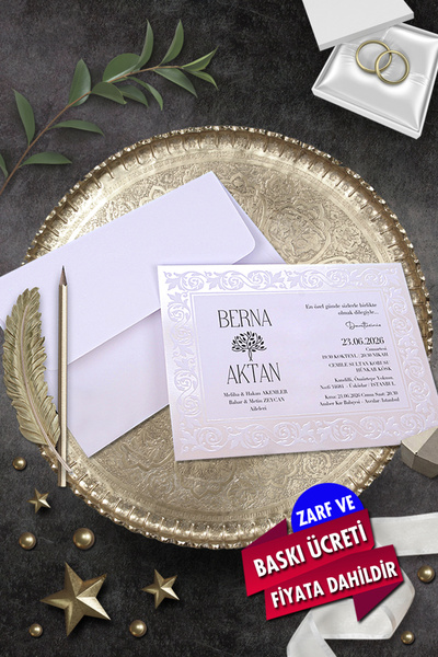 Cem Davetiye Düğün Nişan Nikah Kına Davetiyesi 864 (100 ADET) Baskı Dahil