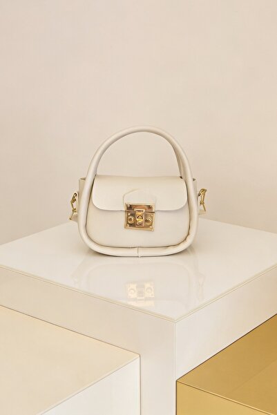 ents Cream Mini Hand and Shoulder Bag with Gold Buckle, Stylish Crossbody Bag