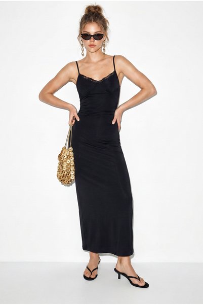 Bianco Lucci Women's Black Thin Strap Lace Detailed V-Neck Bodycon Maxi Dress 2338 60286243