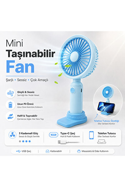 indirimsevinci 3 Kademeli Şarjlı Mini El Fanı Sessiz Taşınabilir Serinletici Fan