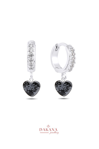 DAKANA JEWELLERY Sertifikalı Obsidyen Taşı Kalp Stil Gümüş Doğal Taş Küpe