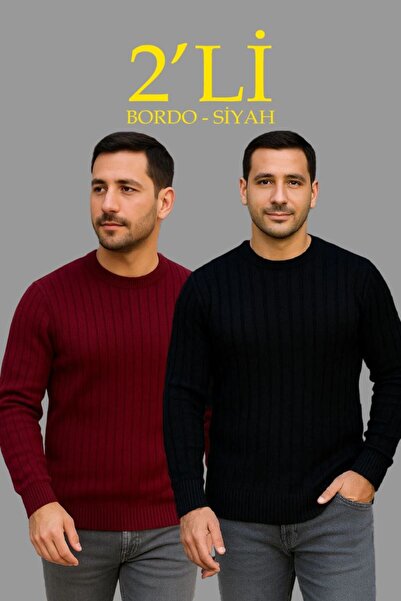 Generic Brand Set de 2 pulovere din tricotaj cu nervuri – Negru Roșu Claret, ...