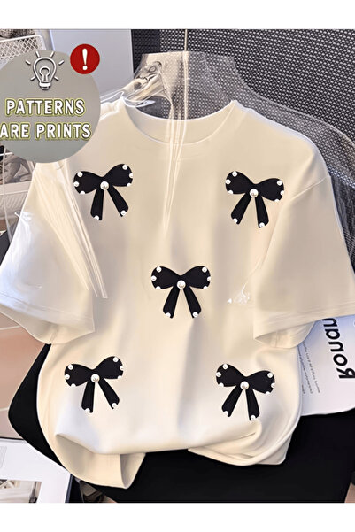 one button Siyah Fiyonk İnci Detay Baskılı Premium Oversize T-shirt
