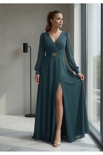 FaBe Fashion KRUVAZE YAKA UZUN KOLLU BELİ TOKALI YIRTMAÇLI ŞİFON NİKAH VE DIŞ...