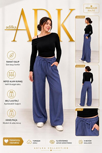 ADİLKA ADK İndigo Mavisi Keten Karışımlı Bol Kesim Pantolon