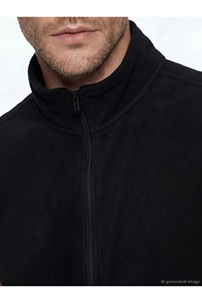 LC Waikiki Black Stand Collar Zippered Men's Fleece Vest