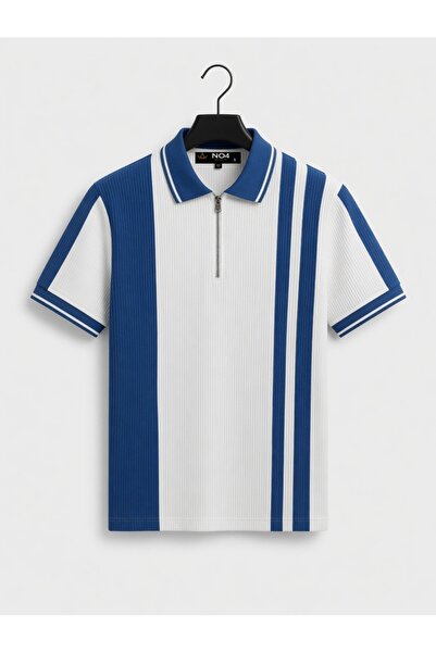 no4 style Men's Zippered Polo Collar Striped Summer T-Shirt