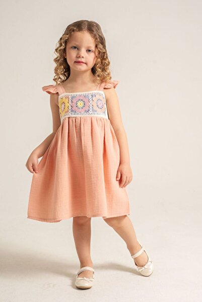 Minigimin Cicileri My Little One's Knitted Floral Embroidered Muslin Girls' D...