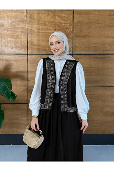 Miss Allos Women's Beaded Embroidered Flowy Vest Skirt Modal Set