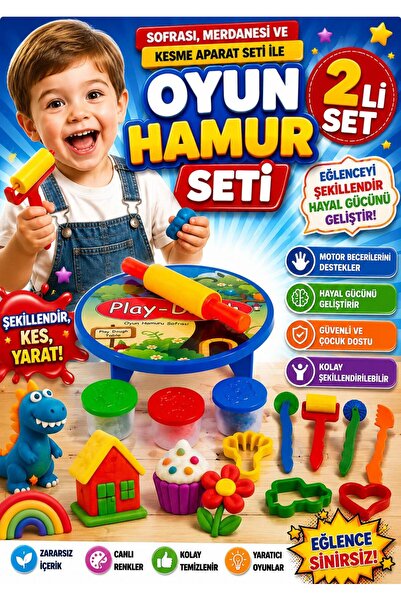 SAZE 2’li Oyun Hamuru Seti Oyun Hamuru Sofrası Merdaneli Kesme Aparatlı Çocuk...