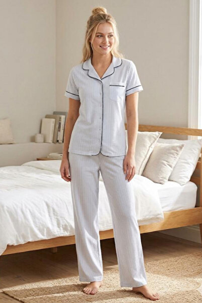 Nena 24819-Nena Ephes Collared Front Open 100% Cotton Pajama Set