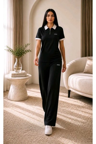 NWC ISABELLA Siyah İkili Takım Palazzo Compact Fabric Modal Kumas Pantolon Takım (Yumusak Kumaş ve Tülerme yapmaz)