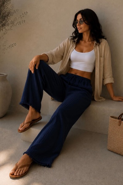 bb butik basic Women's Muslin Casual Trousers with Elastic Waist and Detailed...