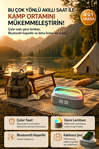Maybax Bluetooth Hoparlör RGB Işıklı Kablosuz Şarjlı Dijital Saatli Alarm Özellikli Taşınabilir Speaker