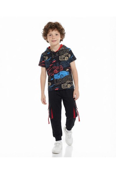 Ollington St. Cotton Knit Half Sleeves Car Printed Hooded T-Shirt & Joggers S...