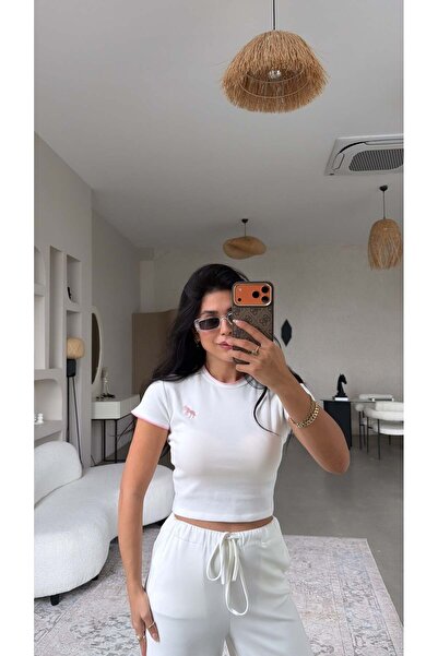 Buket Teke Tricou crop din bumbac cu broderie cal alb