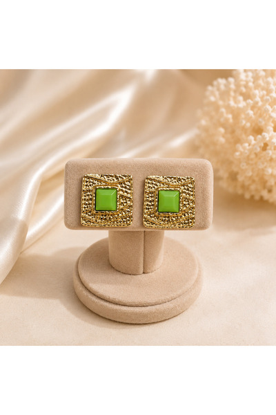 Takıtolia Brise Green Stone Detailed Gold Color Vintage Textured Premium Squa...