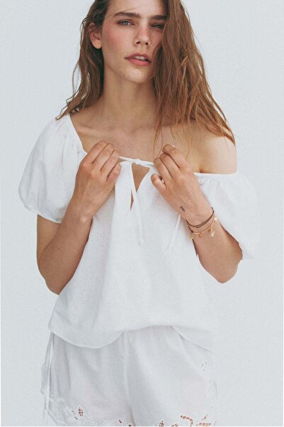 H&M Puff-sleeved linen-blend blouse