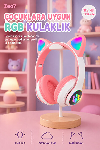 Zeo7 Kablosuz Sevimli Kedili Kulaklık TF Kart Aux Bluetooth Destekli Kulaküst...