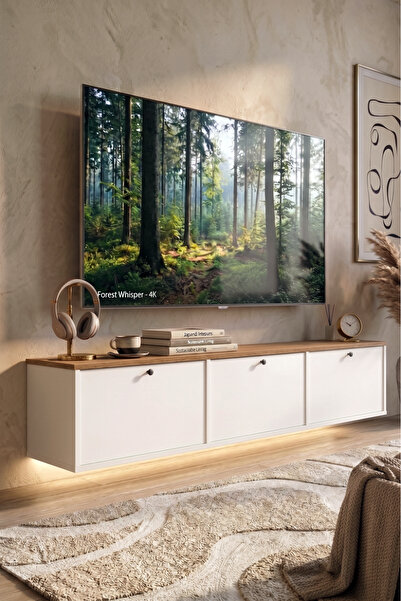 Yurudesign Nord Led Işıklı Tv Ünitesi Sehpası 3 Kapaklı Duvara Monte 180cm Se...