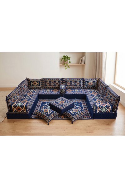 FEYZA DECOR HOME Lacivert Anadolu Desenli Dekoratif Yer Sediri - 20 cm Yüksek Konfor