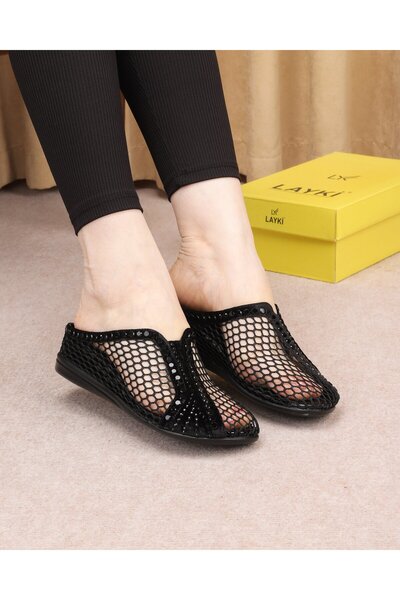 layki Serra Black Colored Special Stone Embroidered Orthopedic High-Sole Summer Luxury Slippers