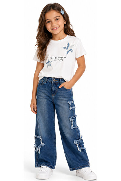 İrem Çocuk Giyim Girl's T-Shirt with Star Detail and Text Pattern, Stoned Sho...