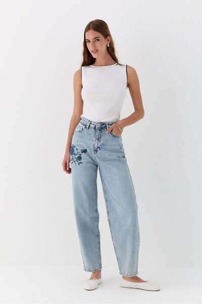 Lencie Nakışlı Denim Pantolon Mavi