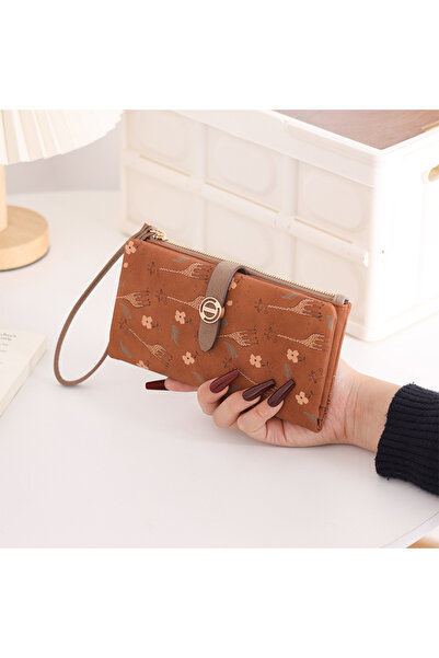 rinkadoll Brown Soft Textured Giraffe Printed Strap Portfolio Wallet Handbag