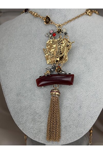 ZS Aksesuar Vintage Design Tassel Detailed Women's Necklace Gold Burgundy Sto...