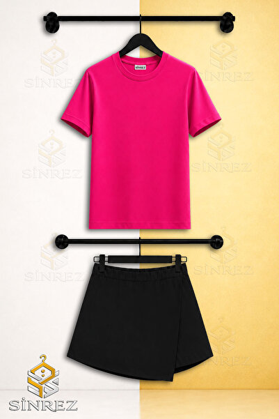 SİNREZ Girl's 2-Piece Set No Print Short Sleeve T-Shirt and Shorts Skirt