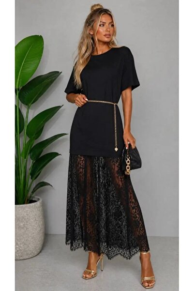 Park Karon Women's Crew Neck Dress with Lace Skirt Oversized Combed Cotton Dr...