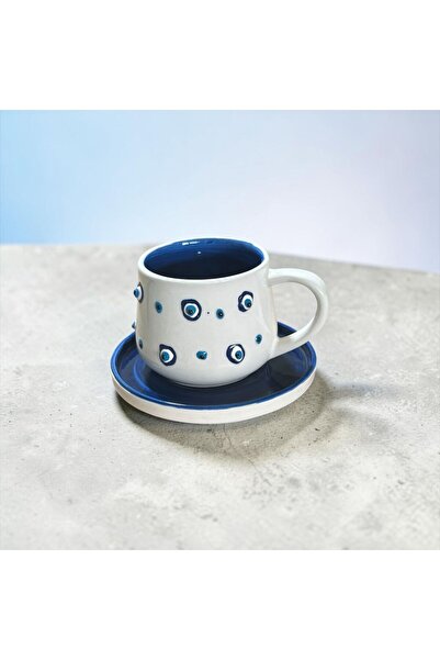 Seramik El İşçiliği Nazar Boncuğu Desenli Tabakalı Mug Kupa Duble Çay Kahve Fincanı