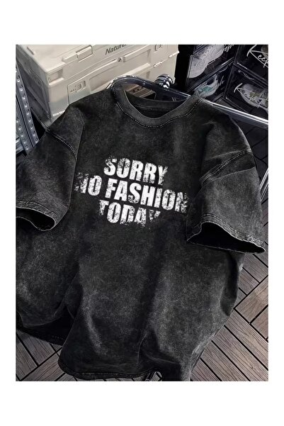 LAND MODA SORRY NO FASHION TODAY Erkek Yazlık Harf Baskılı Tişört, Düşük Omuz...