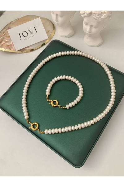 JOVİ ATELİER 50cm - Doğal Rondela İnci Kadın Kolye Bileklik Seti | Gemici Kilit
