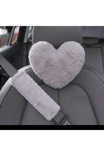 merdümek Sweet heart Pembe Gri Kalp Araba Boyun Yastığı ve Emniyet Kemeri Kıl...