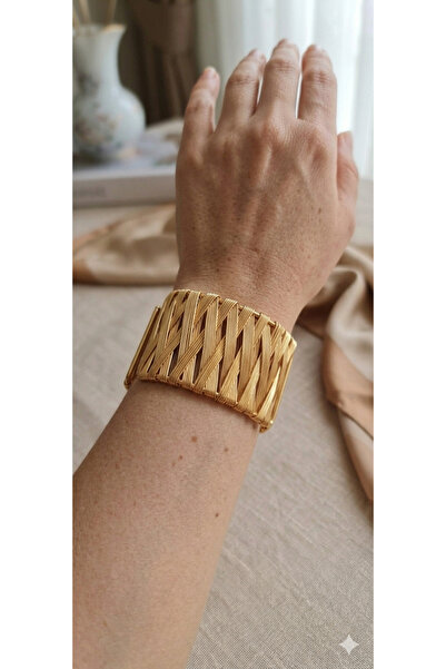 ANGELSS JEWELLERY Ayarlanabilir Tel Örgü Hasır Kelepçe Bileklik Manşet Gold R...