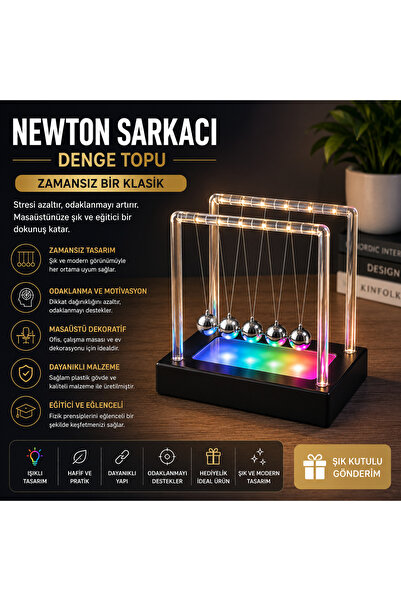 1DepoBu Işıklı Newton Sarkacı Denge Topu RGB Led Dekoratif Masaüstü Ofis Akse...