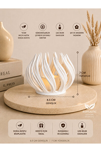 zulya Modern Alev Tasarımlı LED Mumluk Dekoratif Bioplastik Mumluk – 8.5x7 cm...