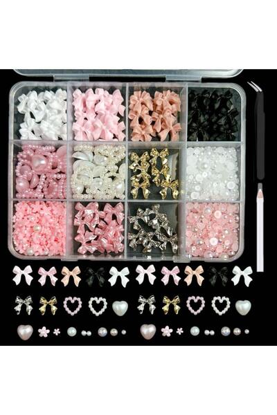 Choice 12gridswithpen DIY Nail Art Decorations Kit Resin Bow Charms & Pearls ...