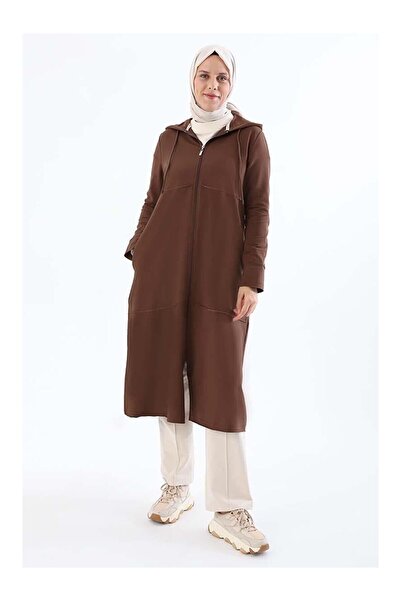 LC Waikiki Nevavm Coffee Hooded Zipper Cardigan with a Difference
